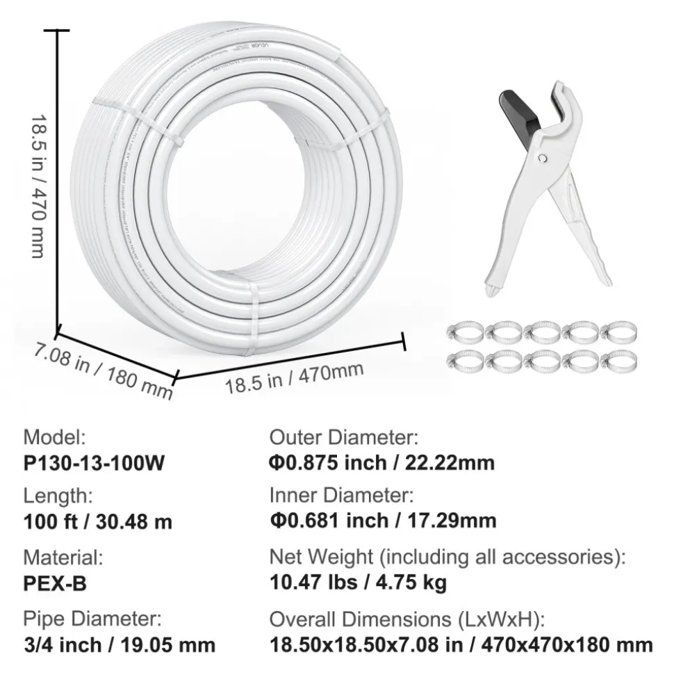 VEVOR PEX Pipe 3/4 Inch, 100 Feet Length PEX-B Flexible Pipe Tubing for Potable Water, Pex Water Lines for Hot/Cold Water & Easily Restore, Plumbing Applications with Free Cutter & Clamps ,White