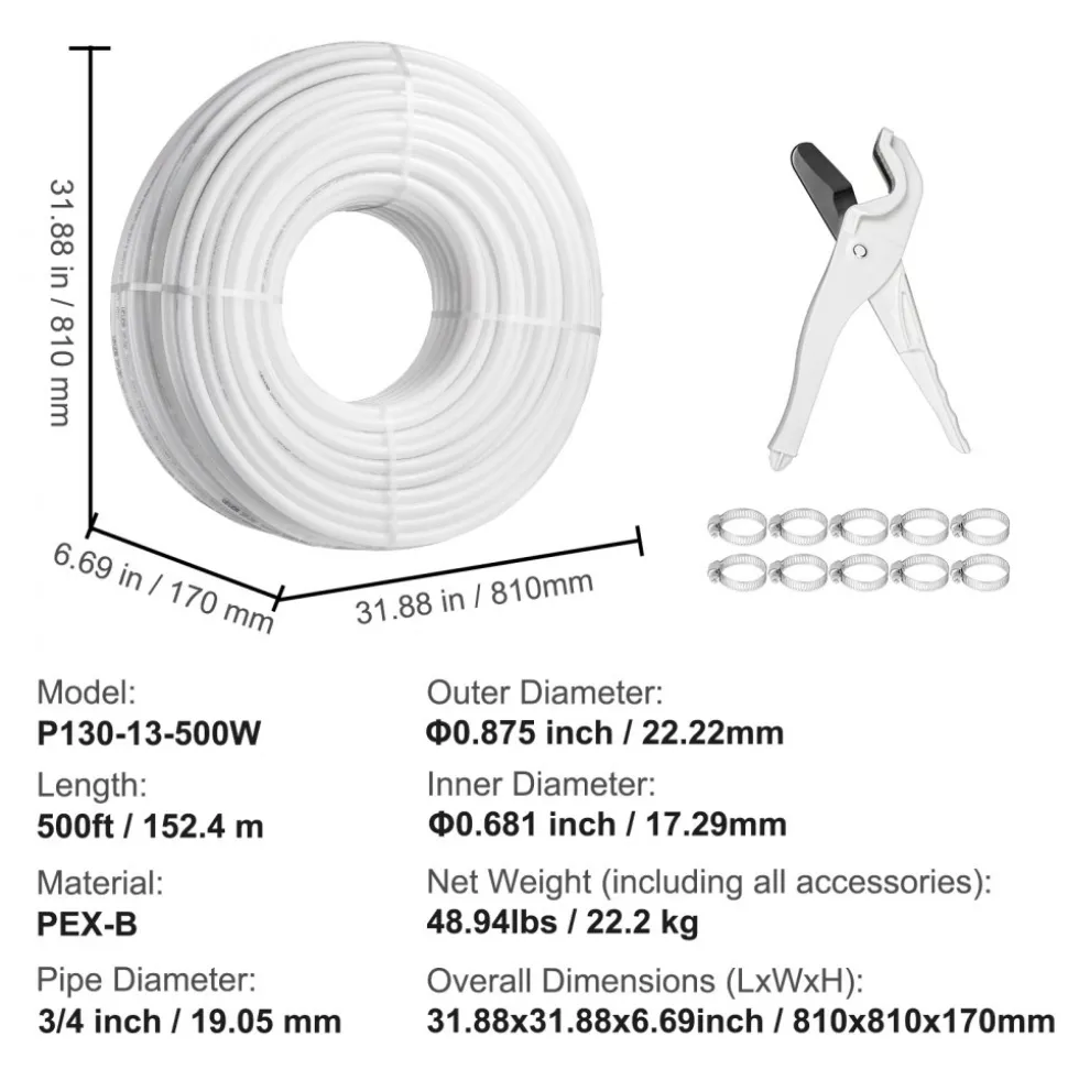 VEVOR PEX Pipe 3/4 Inch, 500 Feet Length PEX-B Flexible Pipe Tubing for Potable Water, Pex Water Lines for Hot/Cold Water & Easily Restore, Plumbing Applications with Free Cutter & Clamps ,White