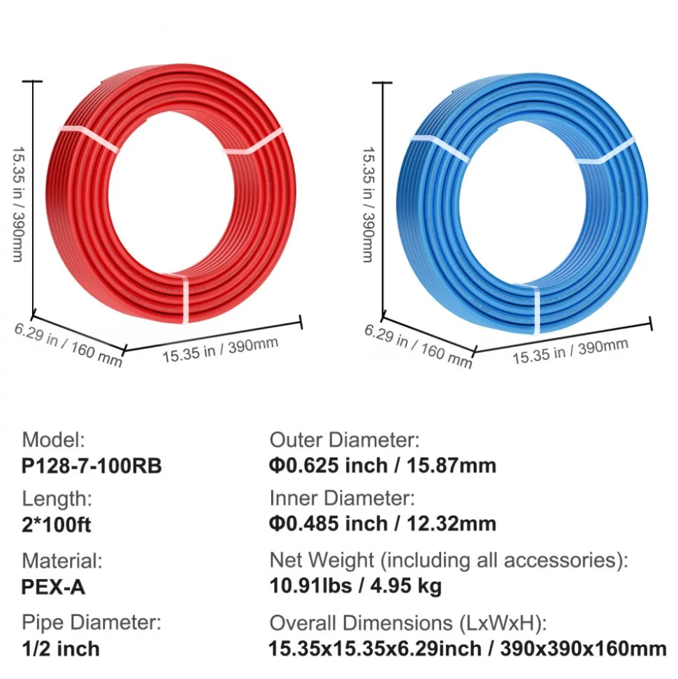 VEVOR PEX Pipe 1/2 Inch, 2 x 100 Feet Length PEX-A Flexible Pipe Tubing for Potable Water, Pex Water Lines for Hot/Cold Water & Easily Restore, Plumbing Applications with Free Cutter, Blue & Red