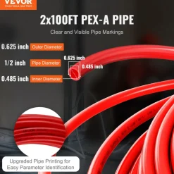 VEVOR PEX Pipe 1/2 Inch, 2 x 100 Feet Length PEX-A Flexible Pipe Tubing for Potable Water, Pex Water Lines for Hot/Cold Water & Easily Restore, Plumbing Applications with Free Cutter, Blue & Red