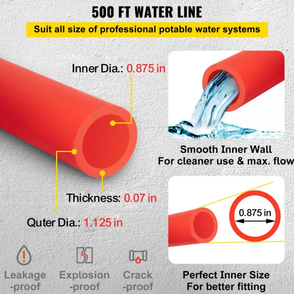 VEVOR PEX Pipe, 7/8 inch x 500 FT PEX Tubing, Non Oxygen Barrier Red PEX-B Pipe, Flexible PEX Water Line for RV Sewer Hose, Plumbing, Radiant Heating