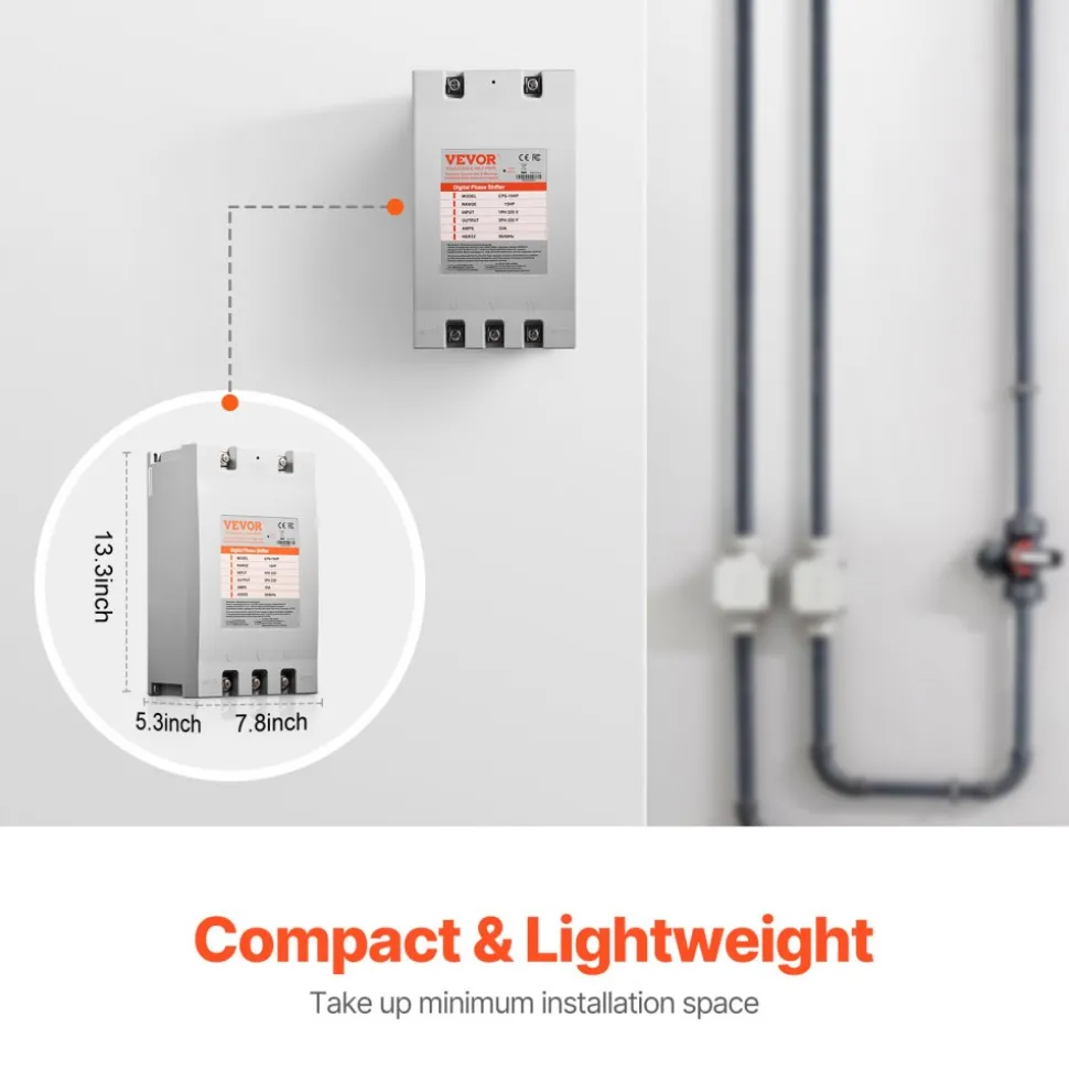 VEVOR 3 Phase Converter - 15HP 53A 220V Single Phase to 3 Phase Converter, 220V Input/Output, Digital Phase Shifter for Residential & Light Commercial Use (One Converter for One Motor Only)