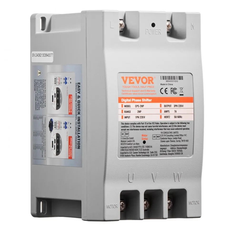 VEVOR 3 Phase Converter - 2HP 7A 220V Single Phase to 3 Phase Converter, 220V Input/Output, Digital Phase Shifter for Residential & Light Commercial Use (One Converter for One Motor Only)