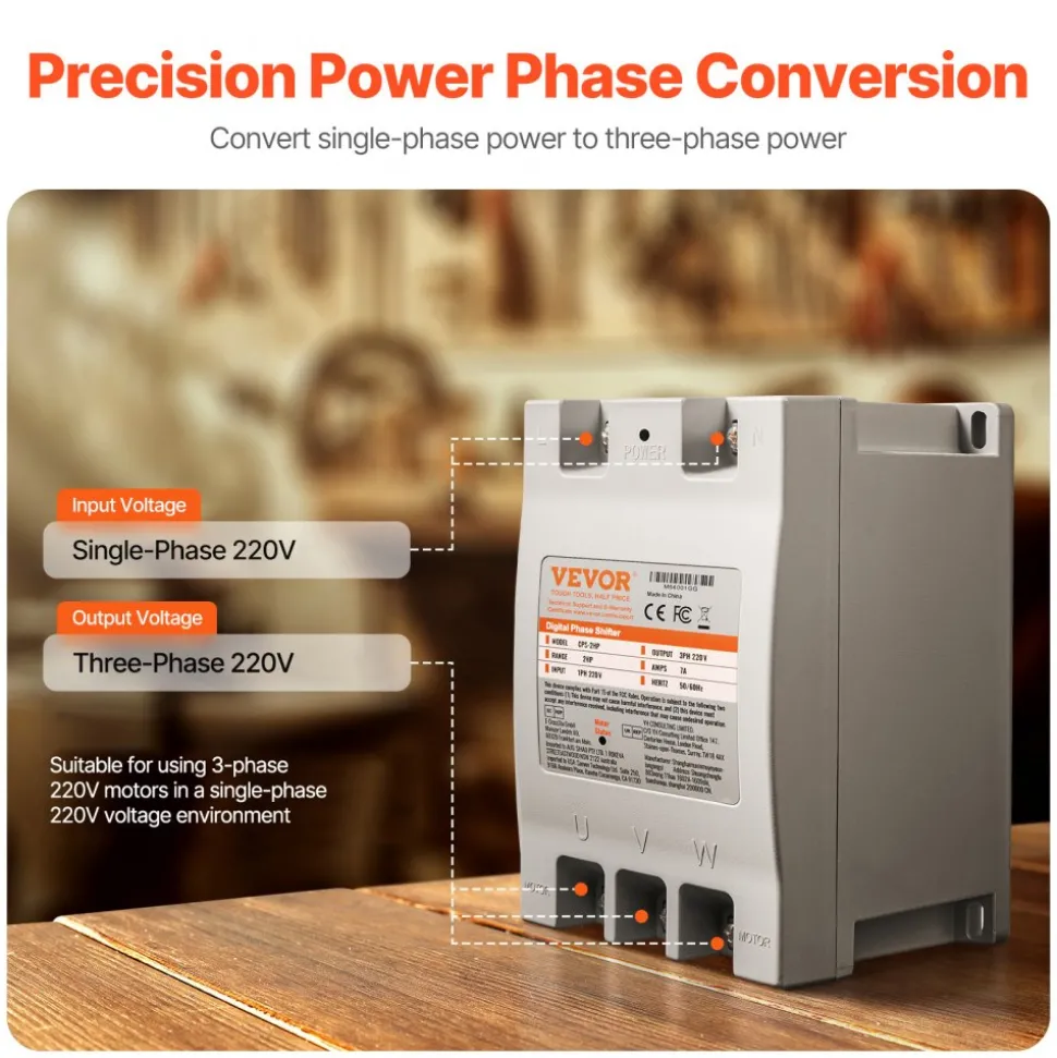 VEVOR 3 Phase Converter - 2HP 7A 220V Single Phase to 3 Phase Converter, 220V Input/Output, Digital Phase Shifter for Residential & Light Commercial Use (One Converter for One Motor Only)