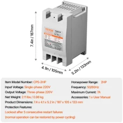 VEVOR 3 Phase Converter - 2HP 7A 220V Single Phase to 3 Phase Converter, 220V Input/Output, Digital Phase Shifter for Residential & Light Commercial Use (One Converter for One Motor Only)