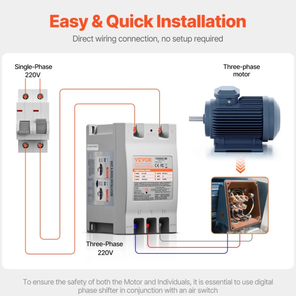 VEVOR 3 Phase Converter - 2HP 7A 220V Single Phase to 3 Phase Converter, 220V Input/Output, Digital Phase Shifter for Residential & Light Commercial Use (One Converter for One Motor Only)