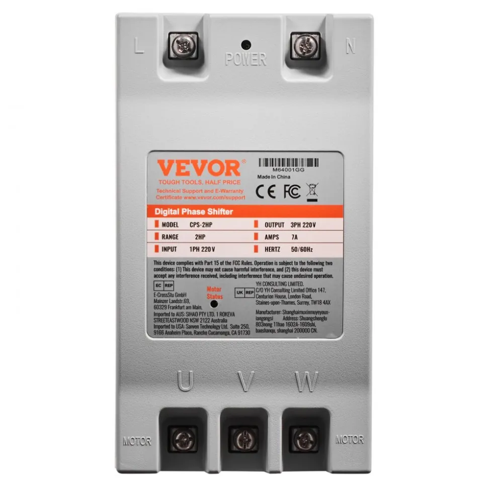 VEVOR 3 Phase Converter - 2HP 7A 220V Single Phase to 3 Phase Converter, 220V Input/Output, Digital Phase Shifter for Residential & Light Commercial Use (One Converter for One Motor Only)