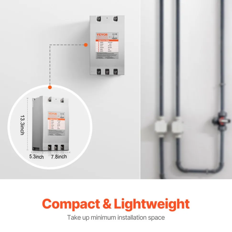 VEVOR 3 Phase Converter - 20HP 70A 220V Single Phase to 3 Phase Converter, 220V Input/Output, Digital Phase Shifter for Residential & Light Commercial Use (One Converter for One Motor Only)
