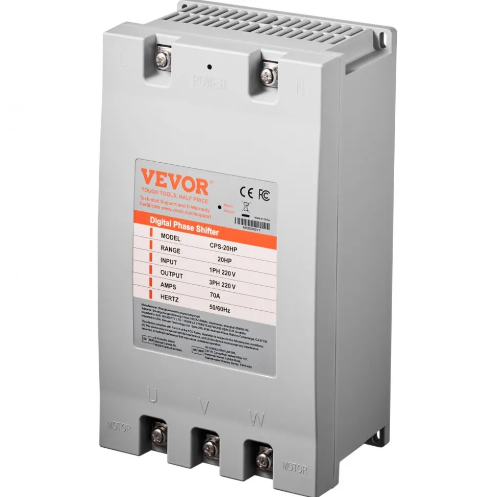 VEVOR 3 Phase Converter - 20HP 70A 220V Single Phase to 3 Phase Converter, 220V Input/Output, Digital Phase Shifter for Residential & Light Commercial Use (One Converter for One Motor Only)