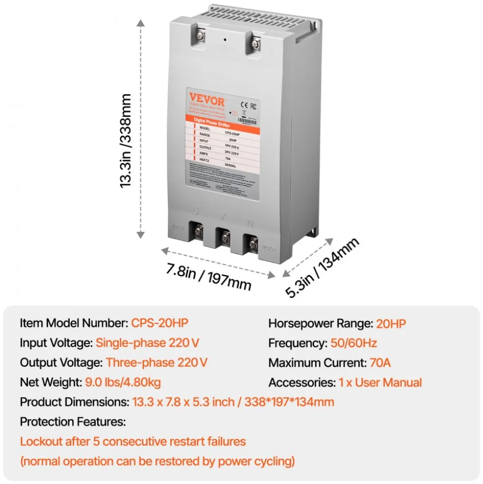 VEVOR 3 Phase Converter - 20HP 70A 220V Single Phase to 3 Phase Converter, 220V Input/Output, Digital Phase Shifter for Residential & Light Commercial Use (One Converter for One Motor Only)