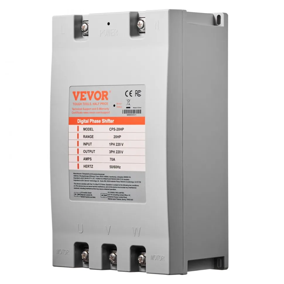VEVOR 3 Phase Converter - 20HP 70A 220V Single Phase to 3 Phase Converter, 220V Input/Output, Digital Phase Shifter for Residential & Light Commercial Use (One Converter for One Motor Only)