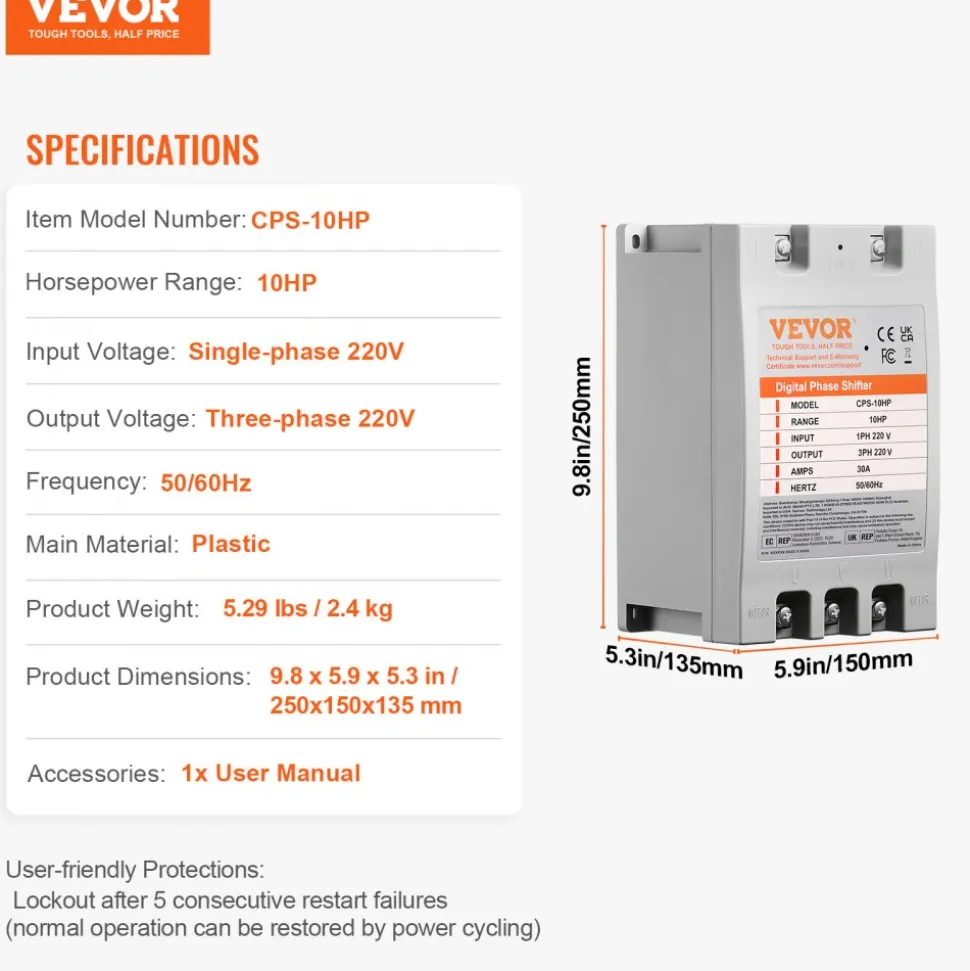 VEVOR 3 Phase Converter - 5HP 15A 220V Single Phase to 3 Phase Converter, Digital Phase Shifter for Residential and Light Commercial Use, 220V Input/Output (One Converter for One Motor Only)