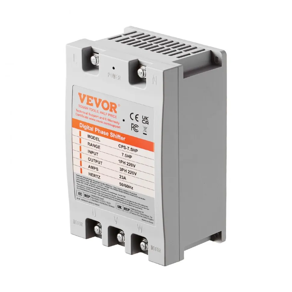 VEVOR 3 Phase Converter- 7.5HP 23A 220V Single Phase to 3 Phase Converter, Digital Phase Shifter for Residential & Light Commercial Use, 220V Input/Output (One DPS Must Be Used on One Motor Only)