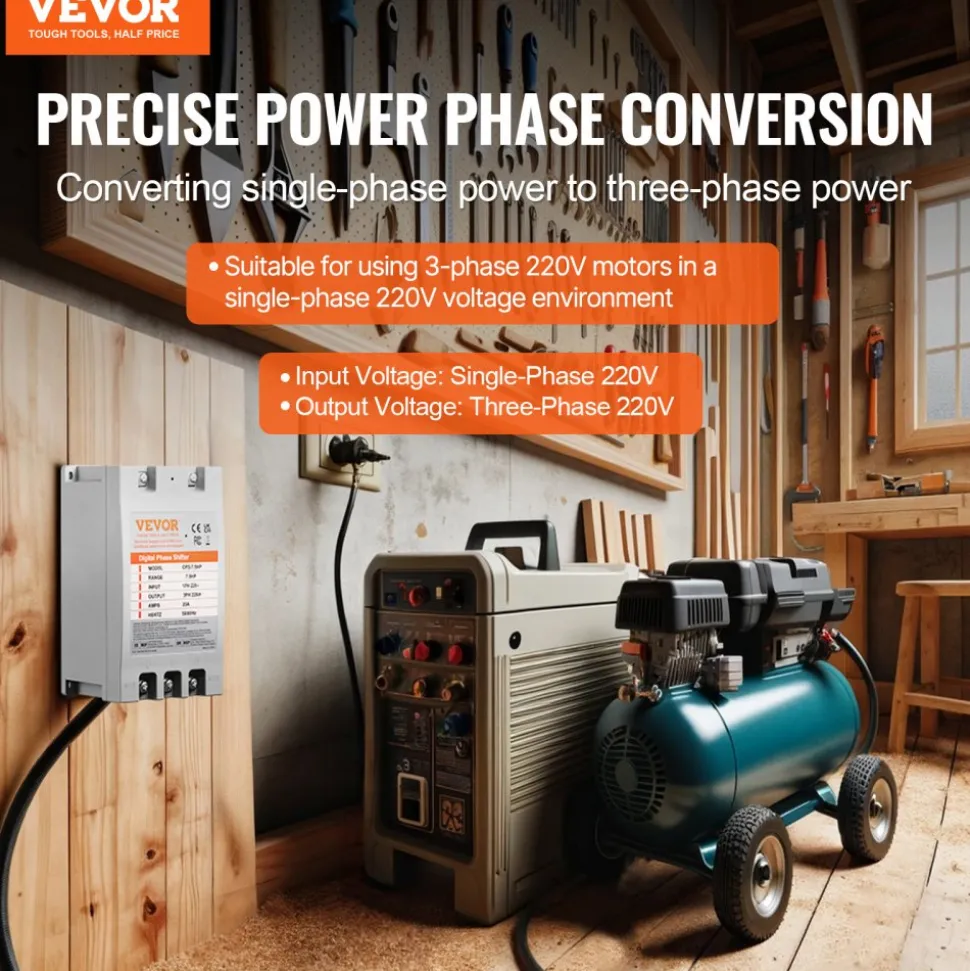 VEVOR 3 Phase Converter- 7.5HP 23A 220V Single Phase to 3 Phase Converter, Digital Phase Shifter for Residential & Light Commercial Use, 220V Input/Output (One DPS Must Be Used on One Motor Only)