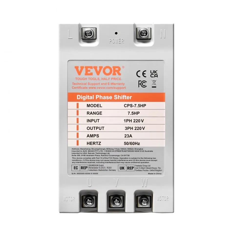 VEVOR 3 Phase Converter- 7.5HP 23A 220V Single Phase to 3 Phase Converter, Digital Phase Shifter for Residential & Light Commercial Use, 220V Input/Output (One DPS Must Be Used on One Motor Only)
