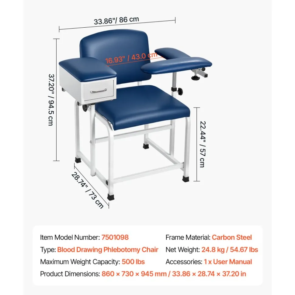 VEVOR Phlebotomy Chair 500LBS Blood Draw Medical Chair with Drawer, Comfortable Blood Drawing Chairs with Adjustable Armrests, Soft Padded Seat, Easy-to-Clean PVC Leather for Hospitals Clinics