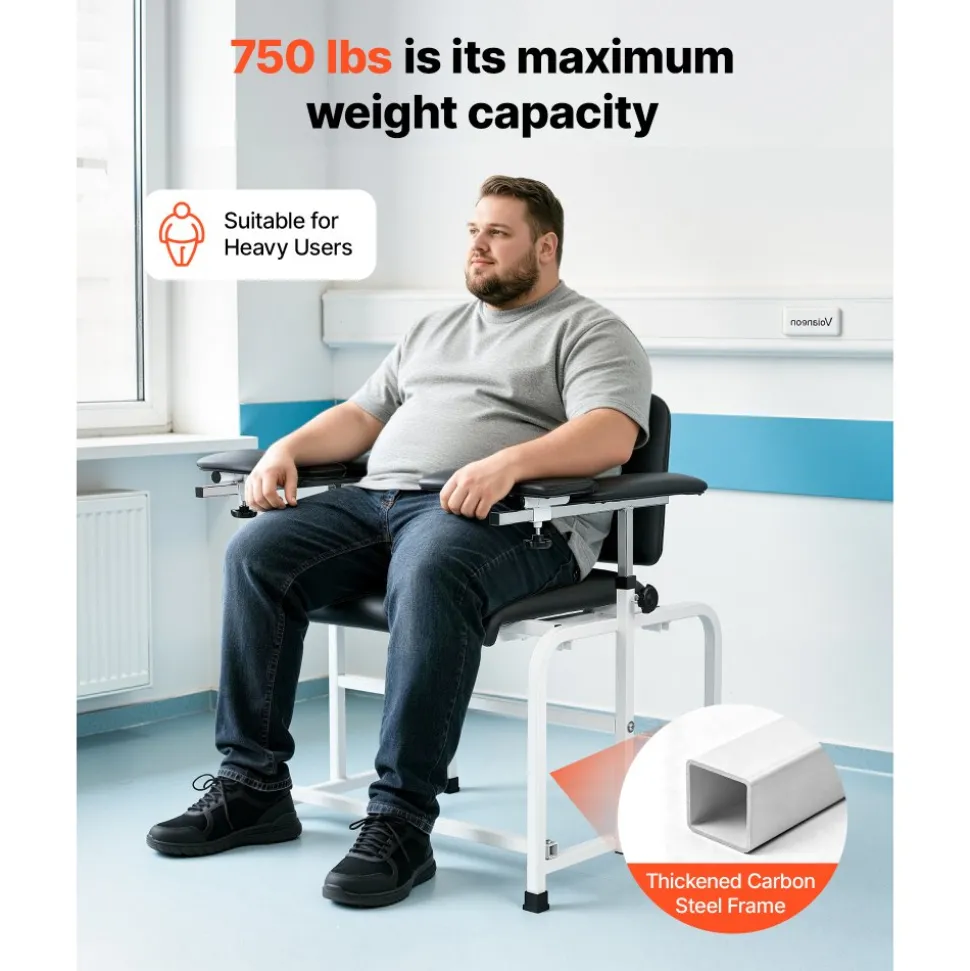 VEVOR Phlebotomy Chair 750LBS Capacity Blood Draw Medical Chair, Comfortable Blood Drawing Chairs with Adjustable Armrests, Soft Padded Seat, Easy-to-Clean PVC Leather for Hospitals Clinics