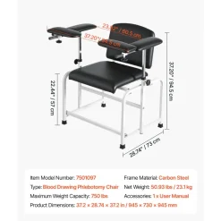 VEVOR Phlebotomy Chair 750LBS Capacity Blood Draw Medical Chair, Comfortable Blood Drawing Chairs with Adjustable Armrests, Soft Padded Seat, Easy-to-Clean PVC Leather for Hospitals Clinics