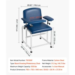 VEVOR Phlebotomy Chair 500LBS Capacity Blood Draw Medical Chair, Comfortable Blood Drawing Chairs with Adjustable Armrests, Soft Padded Seat, Easy-to-Clean PVC Leather for Hospitals Clinics