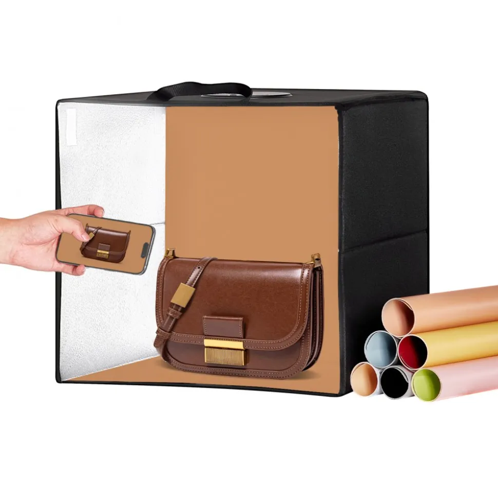 VEVOR Photo Studio Light Box, 12" x 12", 3000-5600K Adjustable 3 Color Temperatures Professional Shooting Tent Kit with 120 LED 6 Double-Sided Color Backdrops, High CRI ≥ 95 for Small Size Products