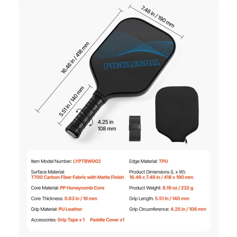 VEVOR Pickleball Paddle, T700 Carbon Fiber Surface & Honeycomb Core, Professional Pickleball Paddle with Increased Power & Control & Spin, Pro Pickle Ball Racket for Adults, Men & Women, Blue