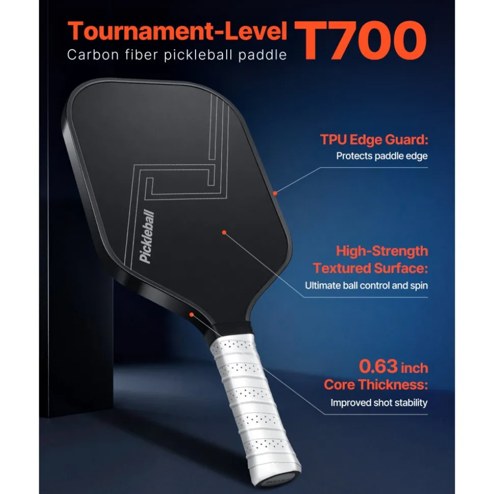 VEVOR Pickleball Paddle, T700 Carbon Fiber Surface & Honeycomb Core, Professional Pickleball Paddle with Increased Power & Control & Spin, Pro Pickle Ball Racket for Adults, Men & Women, Black