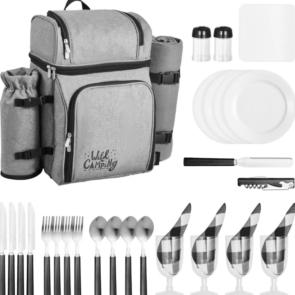 VEVOR Picnic Backpack, Beach Picnic Backpack Bag for 4 Person with Insulated Cooler Compartment, Detachable Bottle/Wine Holder, Lightweight Blanket, Plates and Cutlery Set for Hiking & Camping, Brown