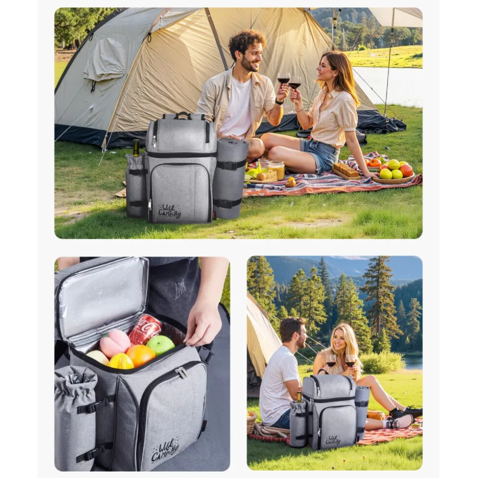 VEVOR Picnic Backpack, Beach Picnic Backpack Bag for 4 Person with Insulated Cooler Compartment, Detachable Bottle/Wine Holder, Lightweight Blanket, Plates and Cutlery Set for Hiking & Camping, Brown