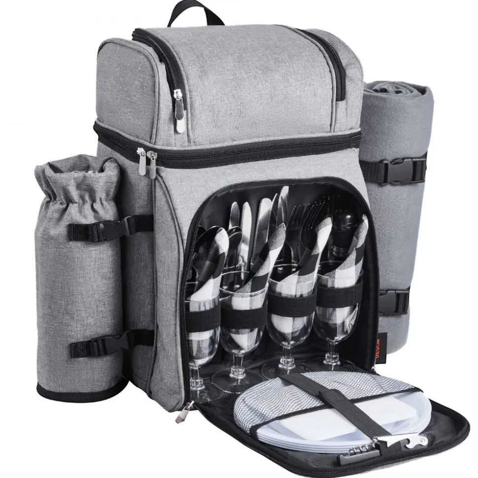 VEVOR Picnic Backpack, Beach Picnic Backpack Bag for 4 Person with Insulated Cooler Compartment, Detachable Bottle/Wine Holder, Lightweight Blanket, Plates and Cutlery Set for Hiking & Camping, Brown