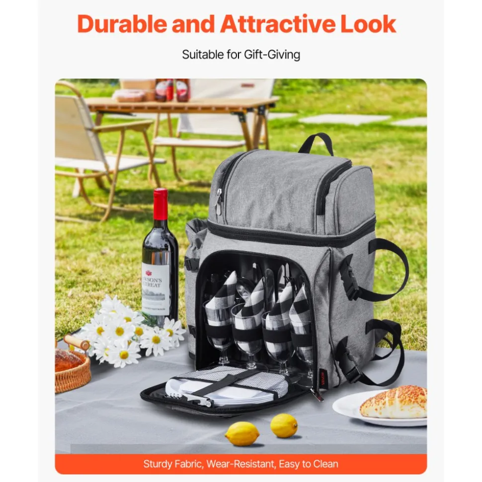 VEVOR Picnic Backpack, Beach Picnic Backpack Bag for 4 Person with Insulated Cooler Compartment, Detachable Bottle/Wine Holder, Lightweight Blanket, Plates and Cutlery Set for Hiking & Camping, Brown