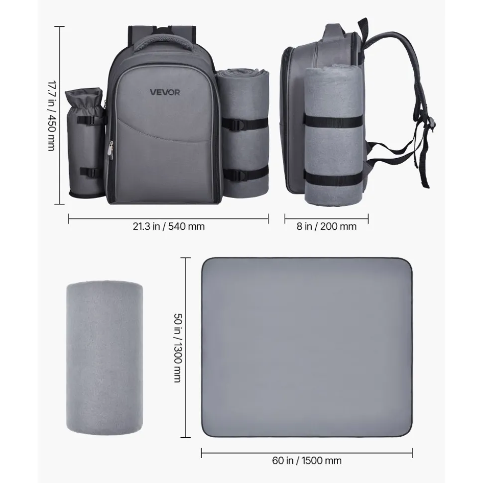 VEVOR Picnic Backpack, Beach Picnic Backpack Bag for 2 Person with Insulated Cooler Compartment, Detachable Bottle/Wine Holder, Lightweight Blanket, Plates and Cutlery Set for Hiking, Camping, Grey