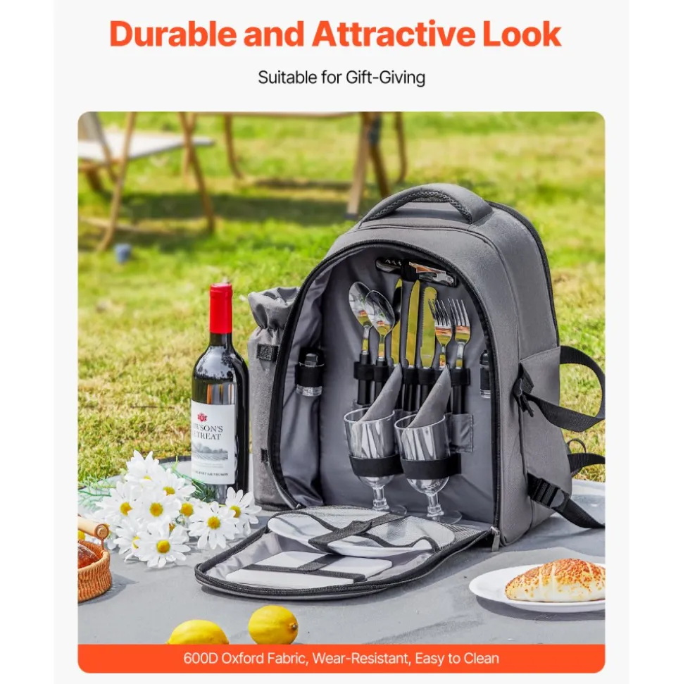 VEVOR Picnic Backpack, Beach Picnic Backpack Bag for 2 Person with Insulated Cooler Compartment, Detachable Bottle/Wine Holder, Lightweight Blanket, Plates and Cutlery Set for Hiking, Camping, Grey