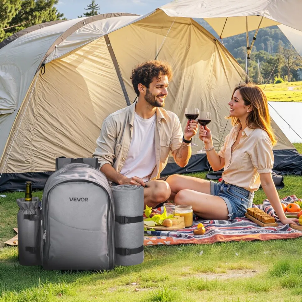 VEVOR Picnic Backpack, Beach Picnic Backpack Bag for 2 Person with Insulated Cooler Compartment, Detachable Bottle/Wine Holder, Lightweight Blanket, Plates and Cutlery Set for Hiking, Camping, Grey