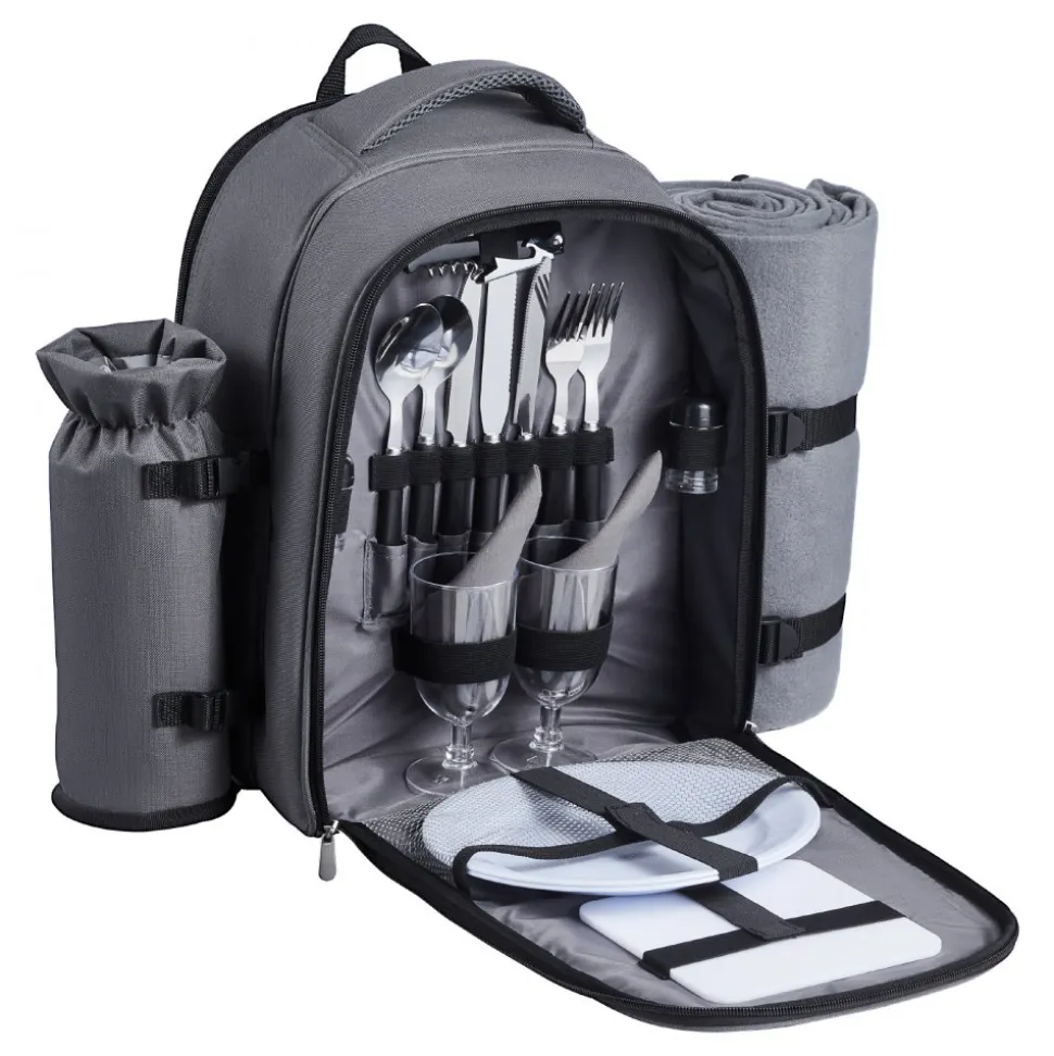 VEVOR Picnic Backpack, Beach Picnic Backpack Bag for 2 Person with Insulated Cooler Compartment, Detachable Bottle/Wine Holder, Lightweight Blanket, Plates and Cutlery Set for Hiking, Camping, Grey