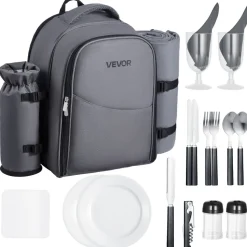 VEVOR Picnic Backpack, Beach Picnic Backpack Bag for 2 Person with Insulated Cooler Compartment, Detachable Bottle/Wine Holder, Lightweight Blanket, Plates and Cutlery Set for Hiking, Camping, Grey
