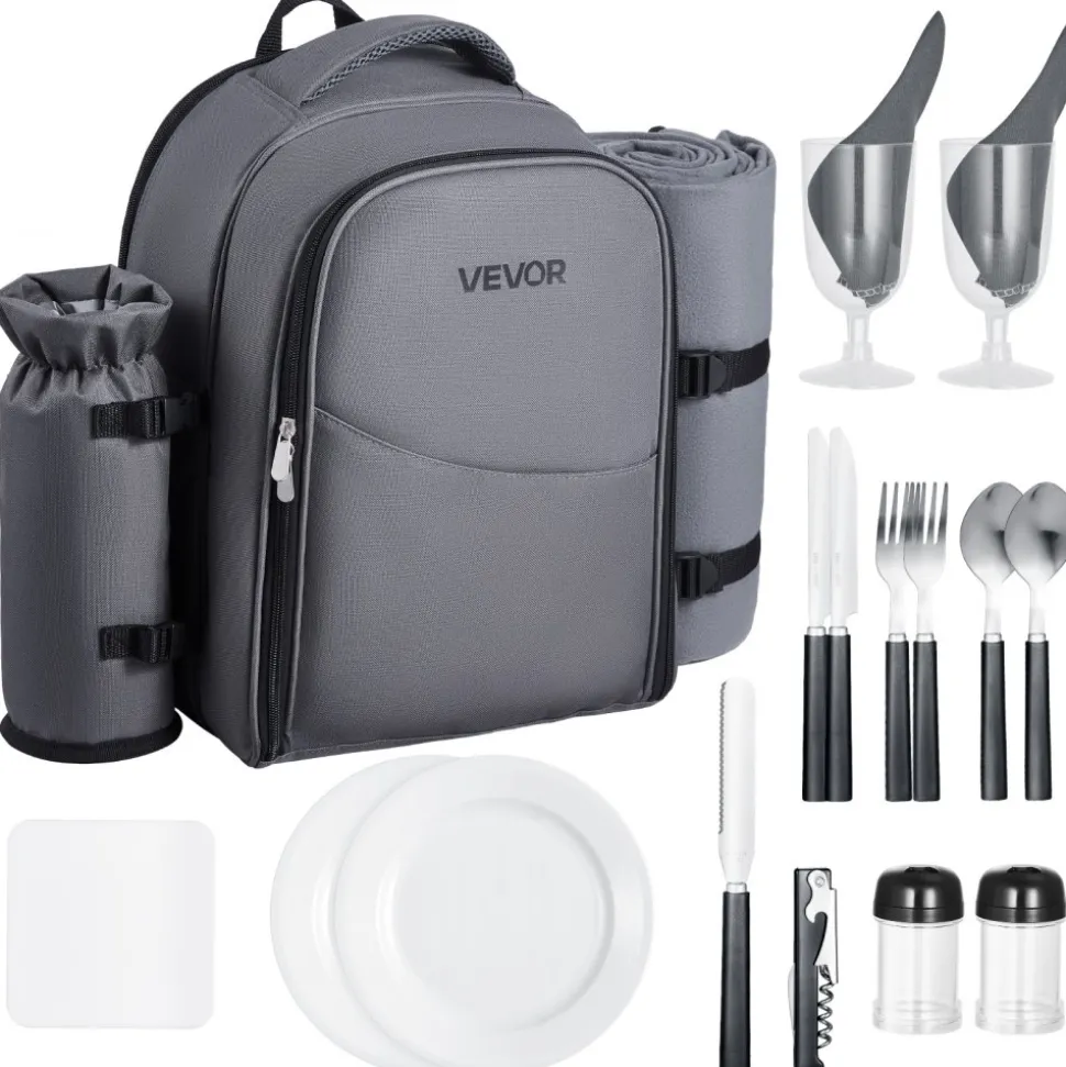 VEVOR Picnic Backpack, Beach Picnic Backpack Bag for 2 Person with Insulated Cooler Compartment, Detachable Bottle/Wine Holder, Lightweight Blanket, Plates and Cutlery Set for Hiking, Camping, Grey