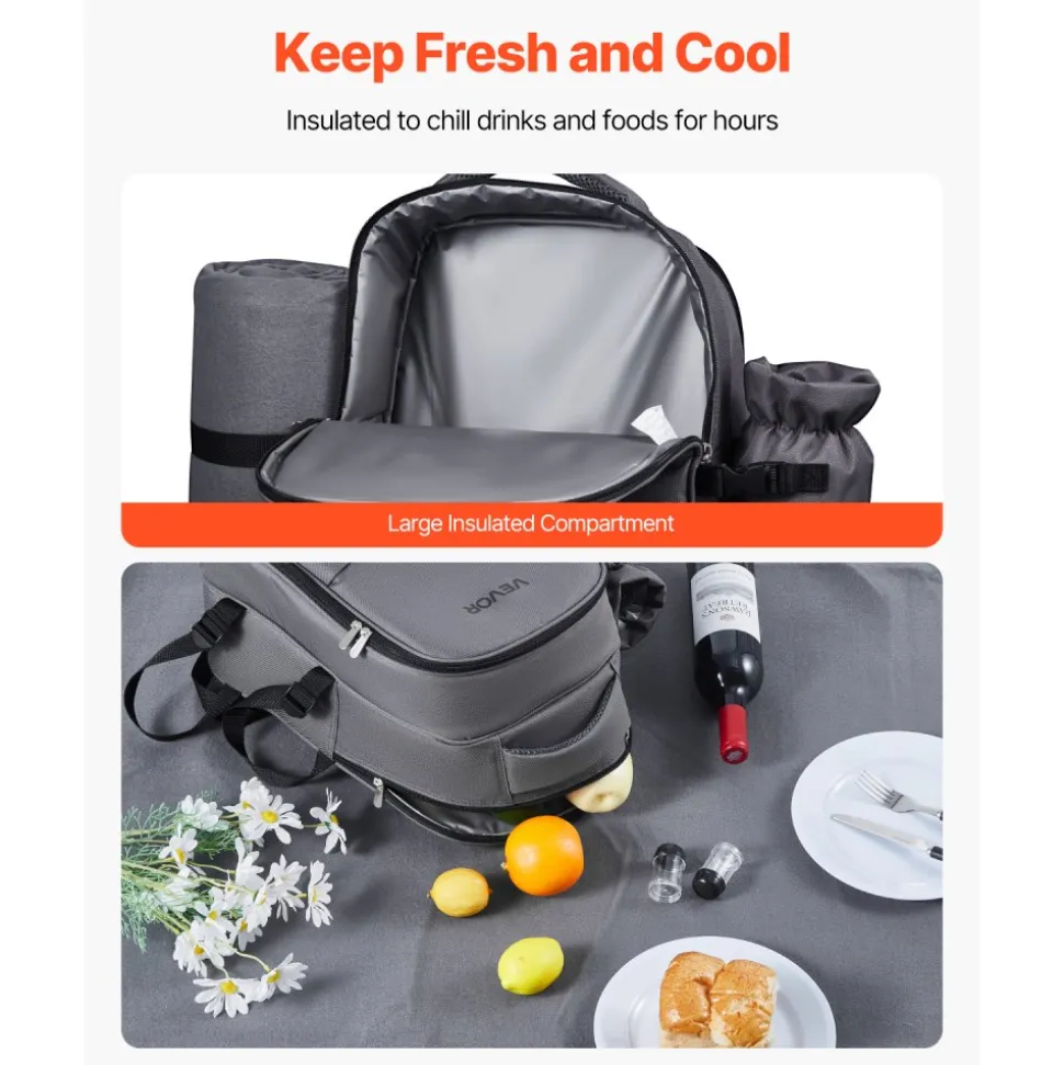 VEVOR Picnic Backpack, Beach Picnic Backpack Bag for 2 Person with Insulated Cooler Compartment, Detachable Bottle/Wine Holder, Lightweight Blanket, Plates and Cutlery Set for Hiking, Camping, Grey