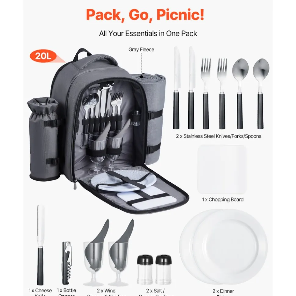 VEVOR Picnic Backpack, Beach Picnic Backpack Bag for 2 Person with Insulated Cooler Compartment, Detachable Bottle/Wine Holder, Lightweight Blanket, Plates and Cutlery Set for Hiking, Camping, Grey