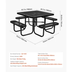 VEVOR Picnic Table, Outdoor Weather Resistant Patio Dining Furniture Set, Heavy Duty Coated Steel Tables with Umbrella Hole, 45.7 in Square Table and Bench Set, for Garden, Backyard, Porch, Black