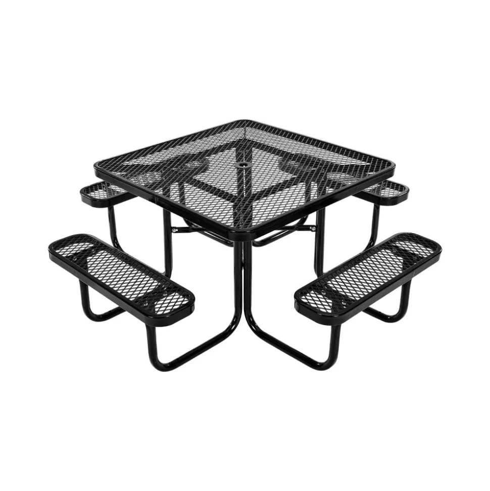 VEVOR Picnic Table, Outdoor Weather Resistant Patio Dining Furniture Set, Heavy Duty Coated Steel Tables with Umbrella Hole, 45.7 in Square Table and Bench Set, for Garden, Backyard, Porch, Black