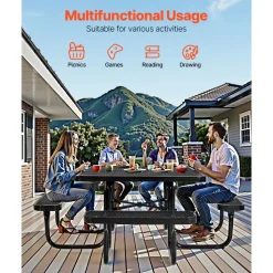 VEVOR Picnic Table, Outdoor Weather Resistant Patio Dining Furniture Set, Heavy Duty Coated Steel Tables with Umbrella Hole, 45.7 in Square Table and Bench Set, for Garden, Backyard, Porch, Black