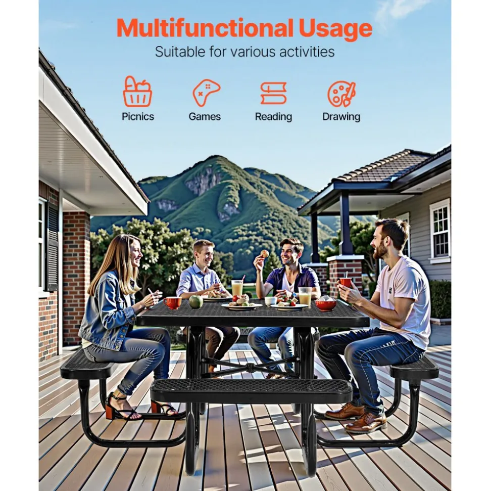 VEVOR Picnic Table, Outdoor Weather Resistant Patio Dining Furniture Set, Heavy Duty Coated Steel Tables with Umbrella Hole, 45.7 in Square Table and Bench Set, for Garden, Backyard, Porch, Black