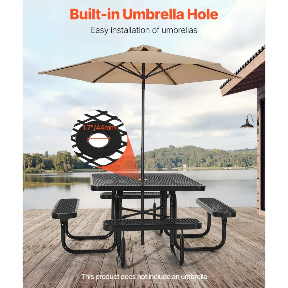 VEVOR Picnic Table, Outdoor Weather Resistant Patio Dining Furniture Set, Heavy Duty Coated Steel Tables with Umbrella Hole, 45.7 in Square Table and Bench Set, for Garden, Backyard, Porch, Black