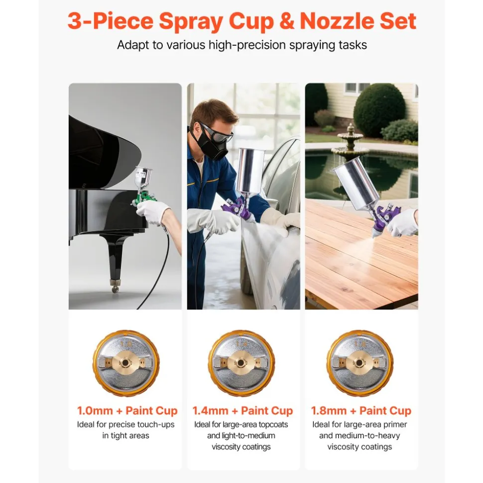 VEVOR 3-Piece Air Spray Gun Kit, Professional Auto Paint Spray Gun Set with 3 Nozzles (1/1.4/1.8mm), 3 Cups & Air Regulator, Gravity Feed Automotive Paint Sprayer for Primer, Topcoat & Touch-Up