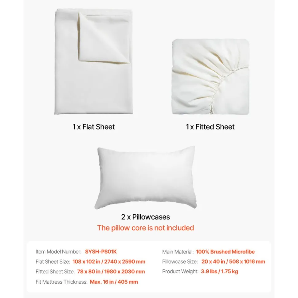 VEVOR 4-Piece Bed Sheet Set - King Size, 100% Brushed Microfiber Bedding Set with 2 Pillowcases, 1 Flat Sheet & 1 Fitted Sheet, Breathable & Wrinkle-Resistant Luxury Bed Sheets for Hotels, Bedrooms