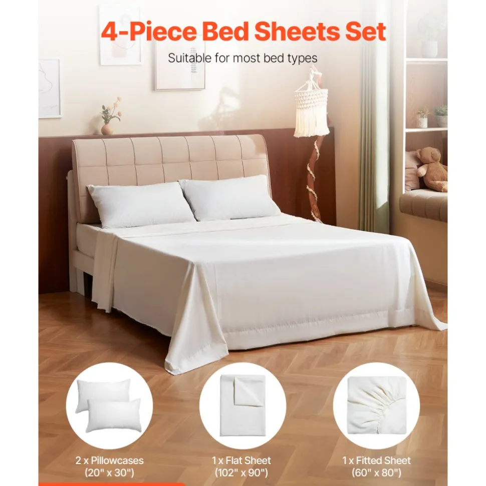 VEVOR 4-Piece Bed Sheet Set - Queen Size, 100% Brushed Microfiber Bedding Set with 2 Pillowcases, 1 Flat Sheet & 1 Fitted Sheet, Breathable & Wrinkle-Resistant Luxury Bed Sheets with 16" Deep Pocket