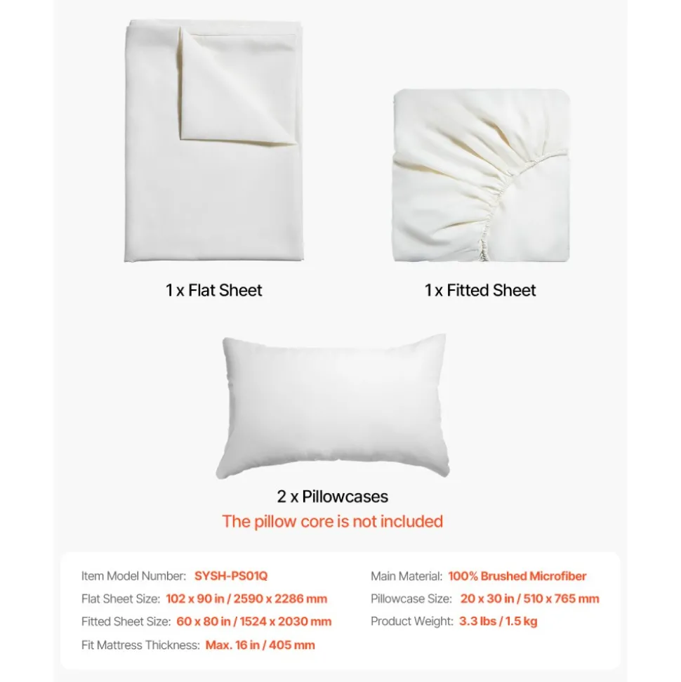 VEVOR 4-Piece Bed Sheet Set - Queen Size, 100% Brushed Microfiber Bedding Set with 2 Pillowcases, 1 Flat Sheet & 1 Fitted Sheet, Breathable & Wrinkle-Resistant Luxury Bed Sheets with 16" Deep Pocket