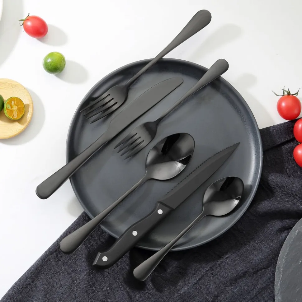 VEVOR 48-Piece Black Silverware Set with Steak Knives, Food-Grade Stainless Steel Flatware Utensils for 8, Mirror Finished Cutlery Set, Dishwasher Safe Eating Tableware for Kitchen Home, Service for 8