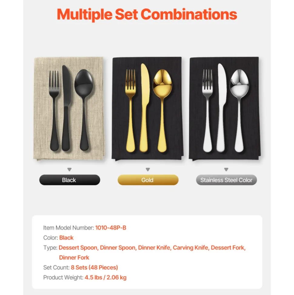 VEVOR 48-Piece Black Silverware Set with Steak Knives, Food-Grade Stainless Steel Flatware Utensils for 8, Mirror Finished Cutlery Set, Dishwasher Safe Eating Tableware for Kitchen Home, Service for 8