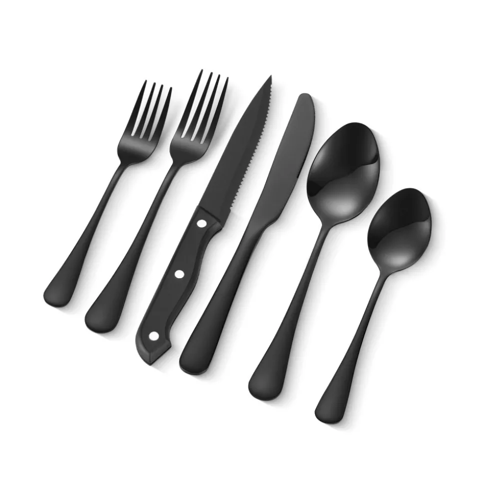 VEVOR 48-Piece Black Silverware Set with Steak Knives, Food-Grade Stainless Steel Flatware Utensils for 8, Mirror Finished Cutlery Set, Dishwasher Safe Eating Tableware for Kitchen Home, Service for 8